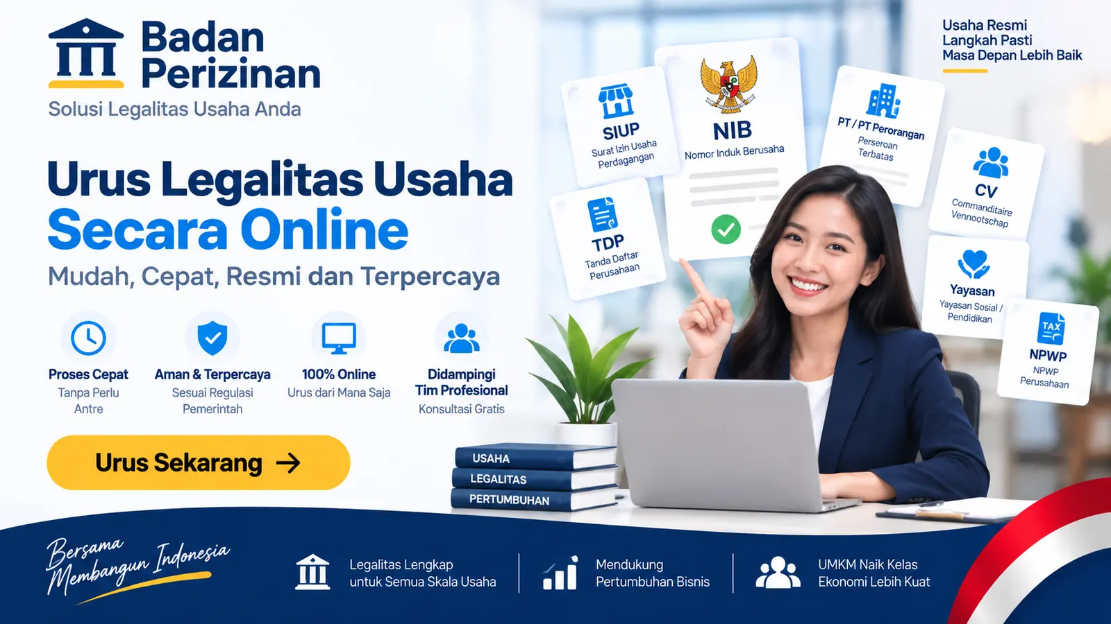 Ilustrasi layanan Badan Perizinan: urus legalitas usaha secara online — SIUP, NIB, PT, CV, Yayasan, NPWP
